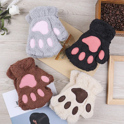 Cat Paw Fingerless Gloves – Cute Fluffy Winter Mittens for Women & Girls