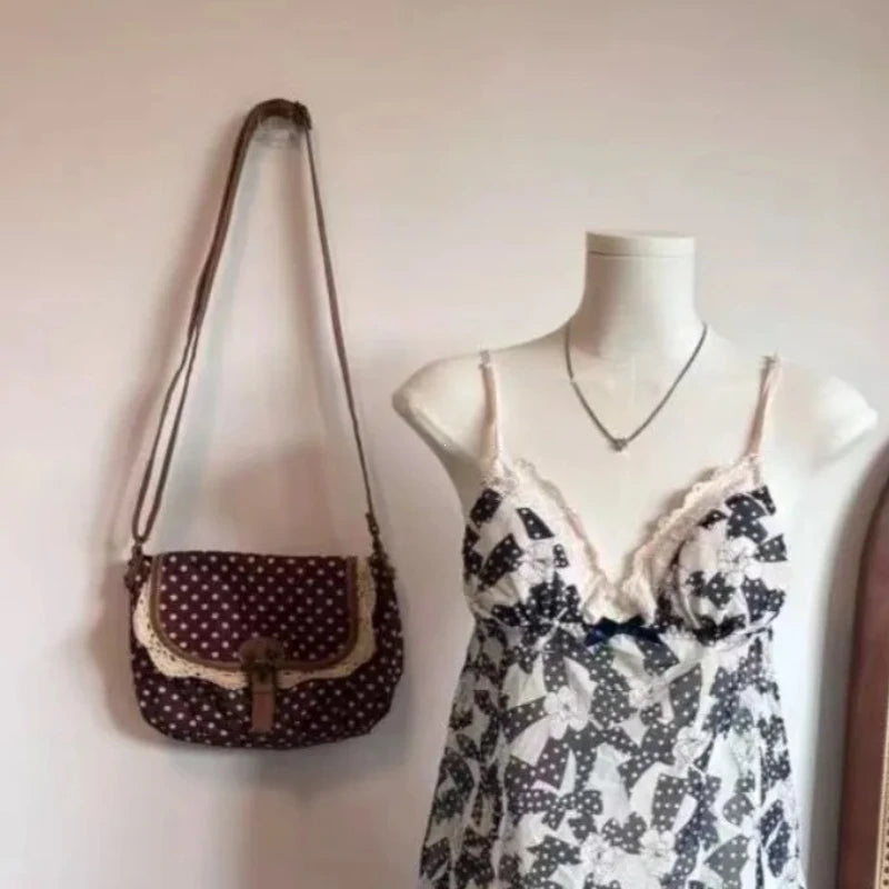 Polka Dot Vintage Canvas Crossbody Bag for Women