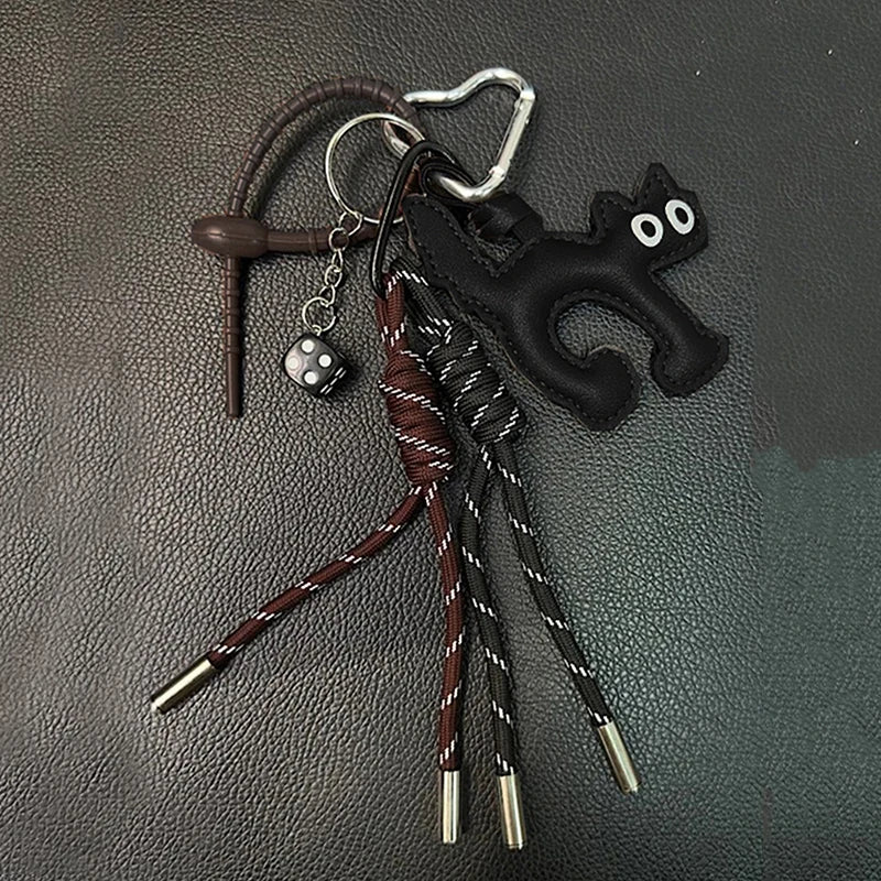 Cat Shape PU Leather Keychain Pendant with Rope Charm