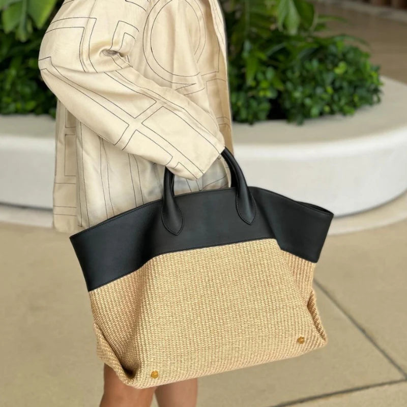 Straw & Leather Contrast Tote Bag – Large Beach Bag for Women