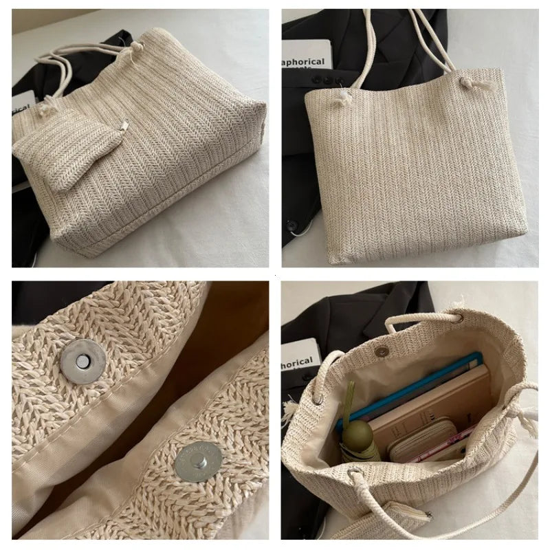 Large Capacity Woven Straw Tote Bag – Retro Shoulder Handbag with Pouch