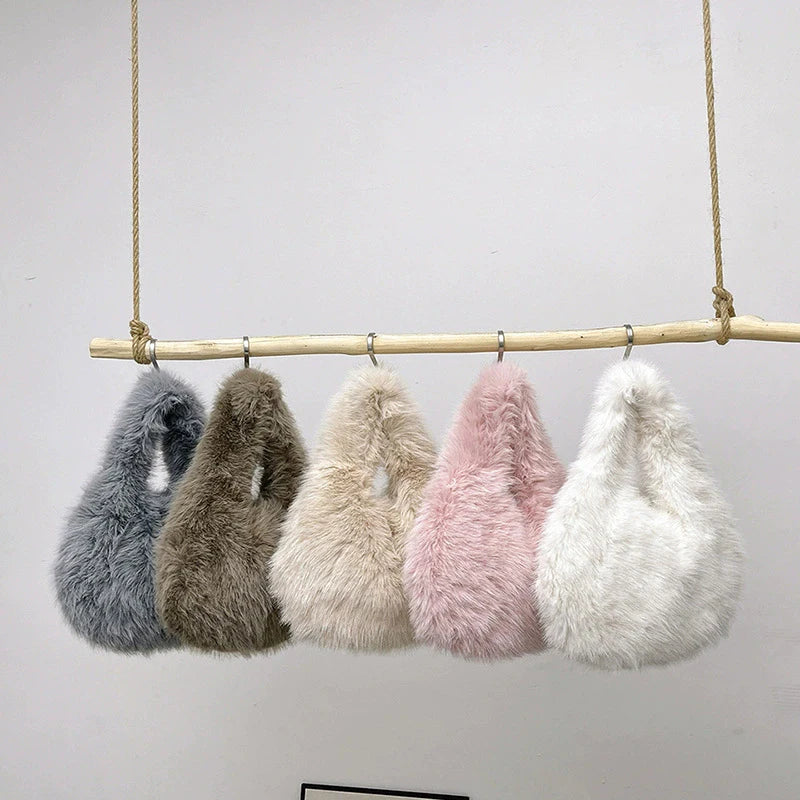 Faux Fur Top Handle Bag for Women – Fluffy Wrist Knot Mini Tote