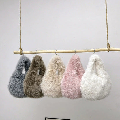 Faux Fur Top Handle Bag for Women – Fluffy Wrist Knot Mini Tote