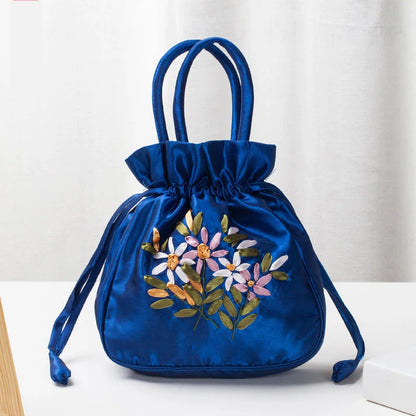 Embroidered Drawstring Handbag – Floral Satin Bucket Bag
