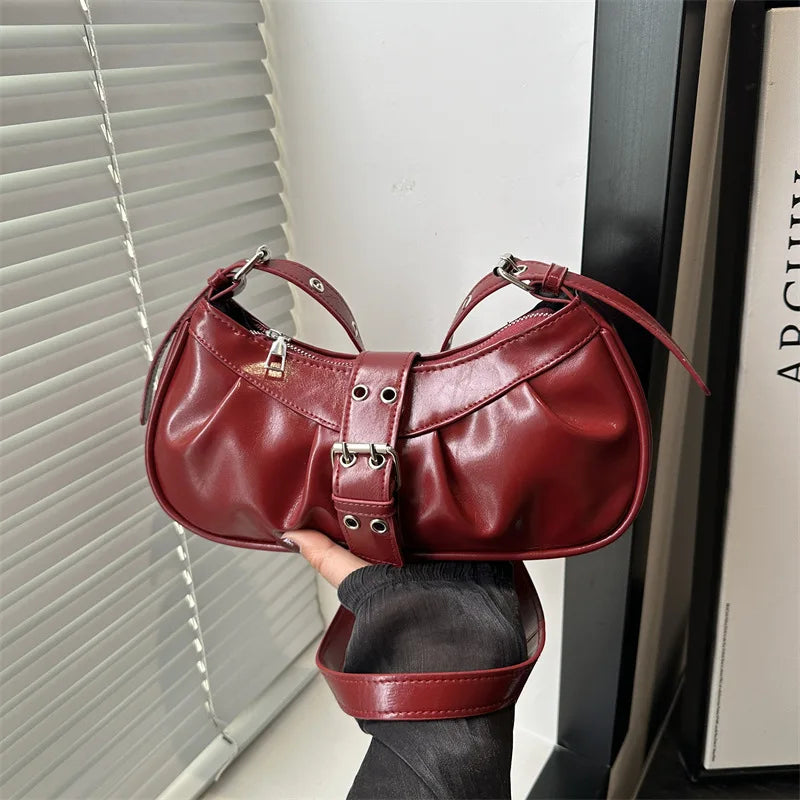 Y2K Buckle Shoulder Bag PU Leather Crossbody for Women