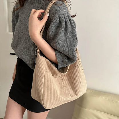Corduroy Shoulder Tote Bag – Women's Striped Large Capacity