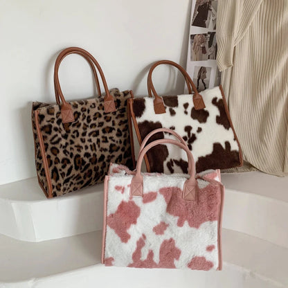 Faux Fur Leopard Print Tote Bag for Women – Soft Shopper Handbag