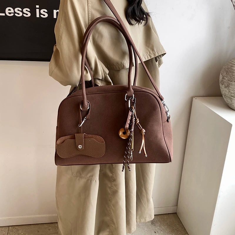 Large Suede Bowling Bag with Long Strap for Women