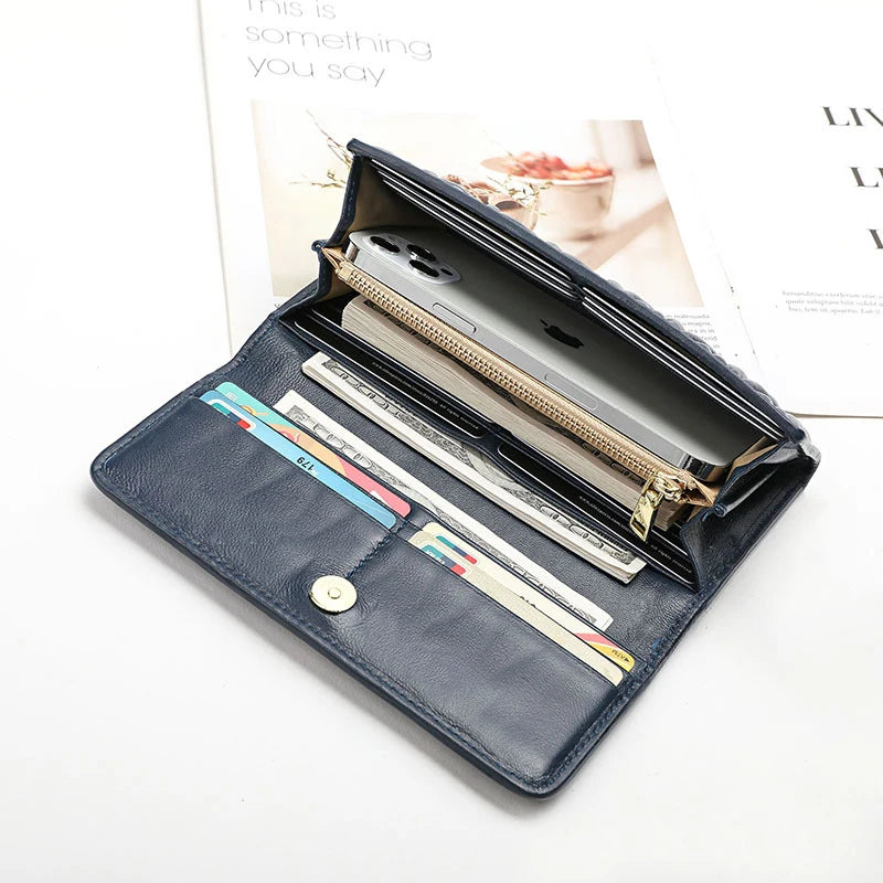 Genuine Sheepskin Leather Long Wallet for Women – Pleated Clutch Purse