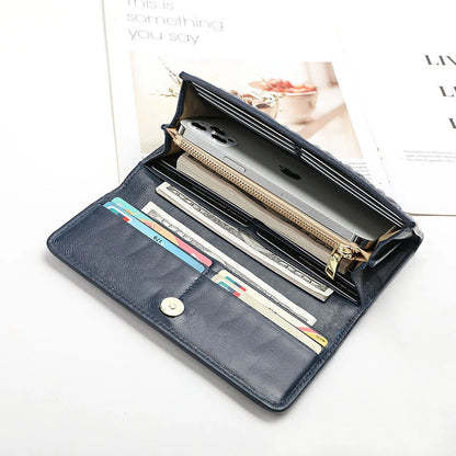 Genuine Sheepskin Leather Long Wallet for Women – Pleated Clutch Purse