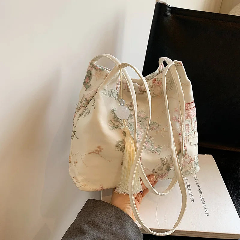 Chinese Retro Silk Jacquard Shoulder Bag for Women – Tassel Crossbody