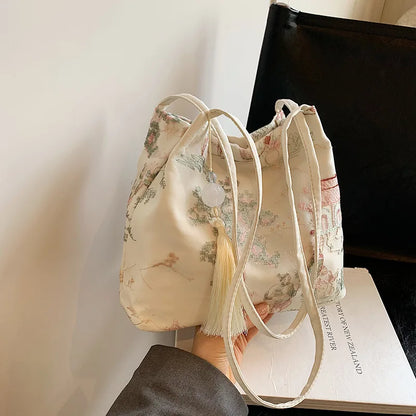 Chinese Retro Silk Jacquard Shoulder Bag for Women – Tassel Crossbody
