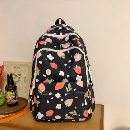 Strawberry Print Nylon Backpack – Cute Lightweight School Bag