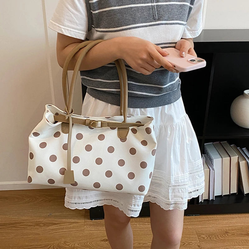 Polka Dot Tote Bag with Belt Strap – Korean Style Commuter Bag