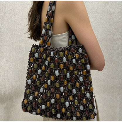 Bohemian Woven Handbag — Beaded Tote with Wooden Handle