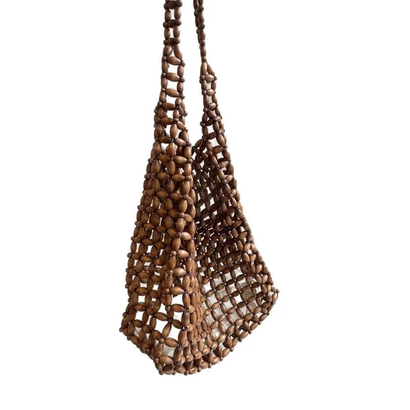 Handmade Wooden Bead Woven Handbag Vintage Double Bamboo Handle Hollow Bucket Bag