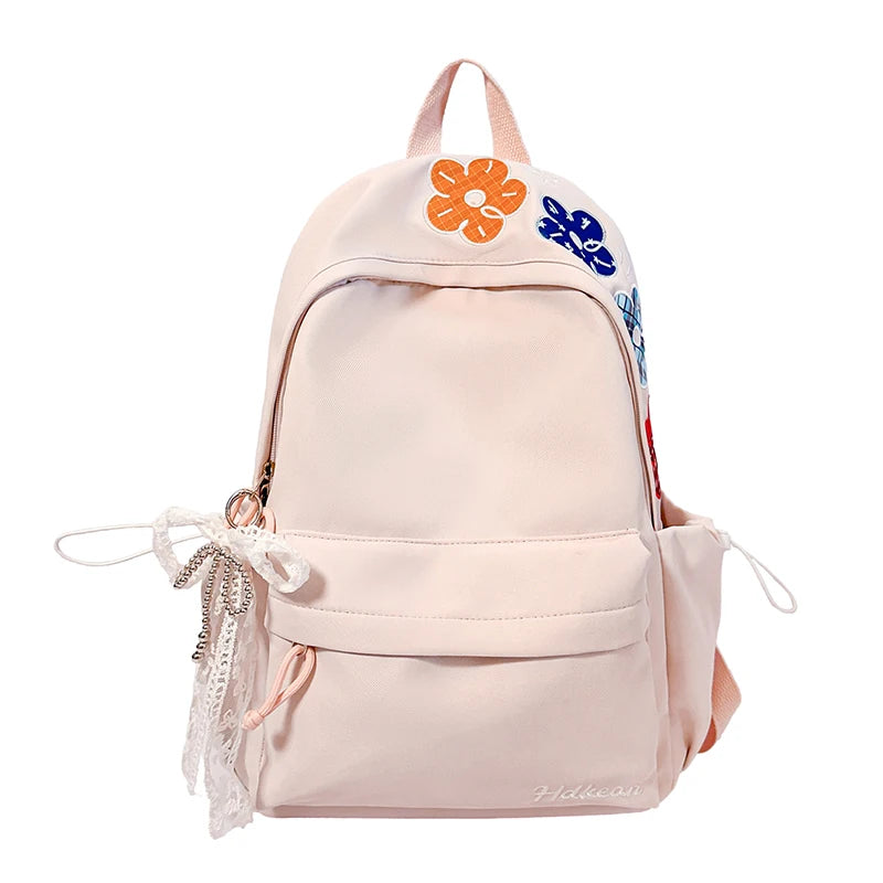 Kawaii Floral Bow Backpack for Girls – Large Nylon School Bag