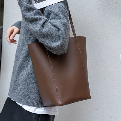 Genuine Leather Bucket Tote Bag for Women – Minimalist Large Capacity Shoulder Bag