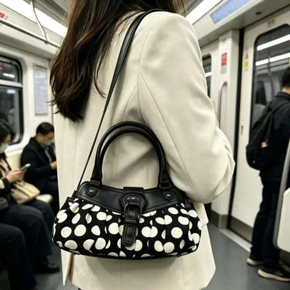 Polka Dot Shoulder Bag – Vintage Y2K Pleated Handbag with Belt Buckle