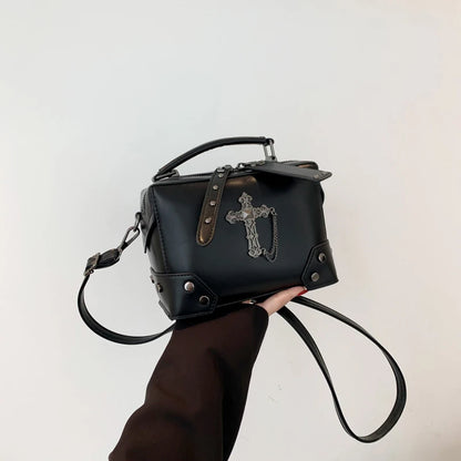 Gothic Punk PU Leather Crossbody Box Bag with Cross & Chain Detail