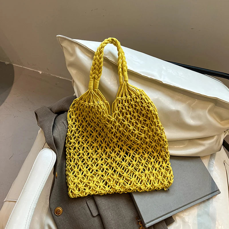 Boho Woven Tote Bag – Handmade Hollow Knit Beach Handbag