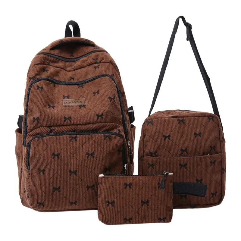 Bow Print Backpack Set – Large Capacity 3-Piece Women's Bag