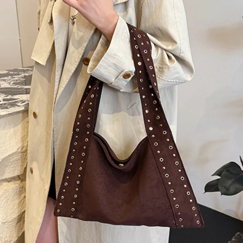 Frosted Leather Rivet Hobo Tote Bag – Women's Large Capacity Shoulder Bag