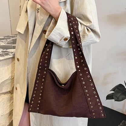 Frosted Leather Rivet Hobo Tote Bag – Women's Large Capacity Shoulder Bag