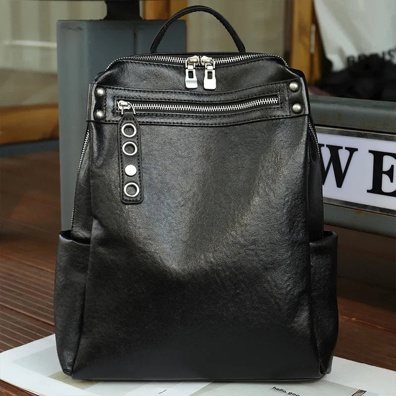 Genuine Cowhide Leather Backpack for Women – Large Capacity Retro Design