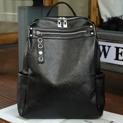 Genuine Cowhide Leather Backpack for Women – Large Capacity Retro Design