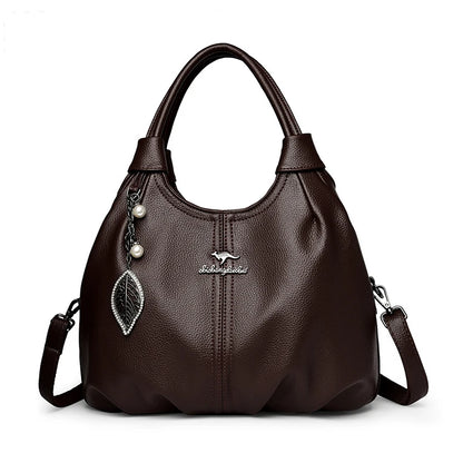 Lychee Leather Hobo Handbag – 3-Layer Shoulder & Crossbody Bag with Leaf Pendant