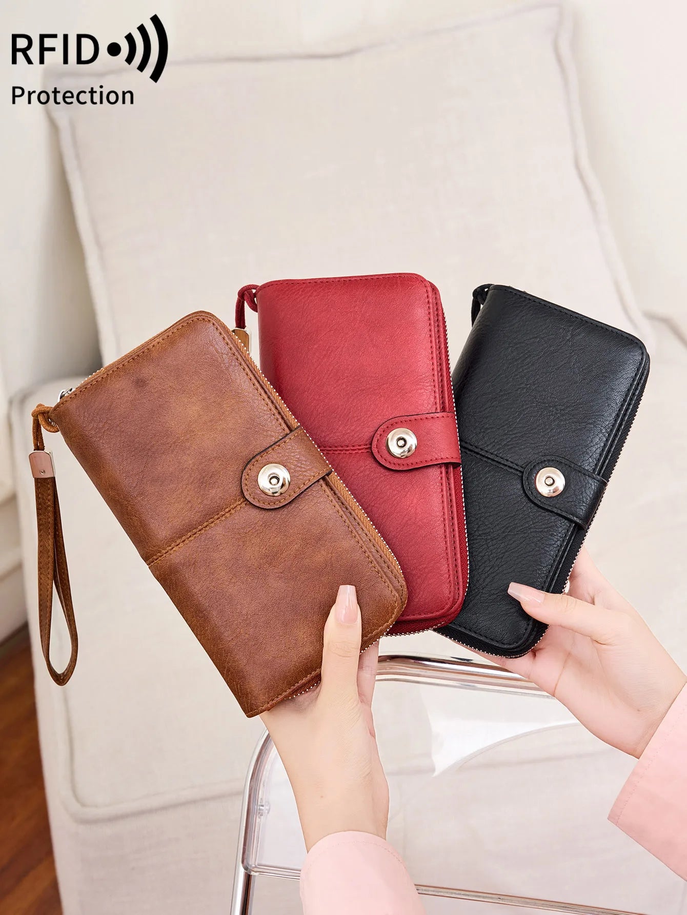 RFID Blocking Women's Long Wallet with Wrist Strap