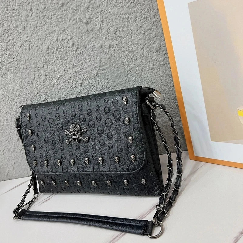 Gothic Skull Embossed PU Leather Crossbody Bag – Women's Chain Shoulder Bag
