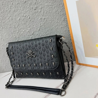 Gothic Skull Embossed PU Leather Crossbody Bag – Women's Chain Shoulder Bag