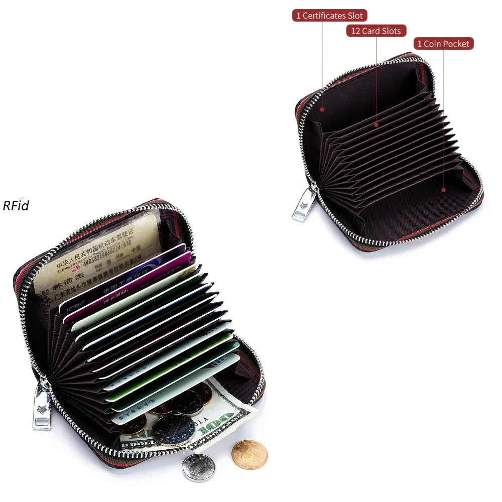 RFID Blocking Leather Card Holder Wallet – Zipper Accordion Coin Purse