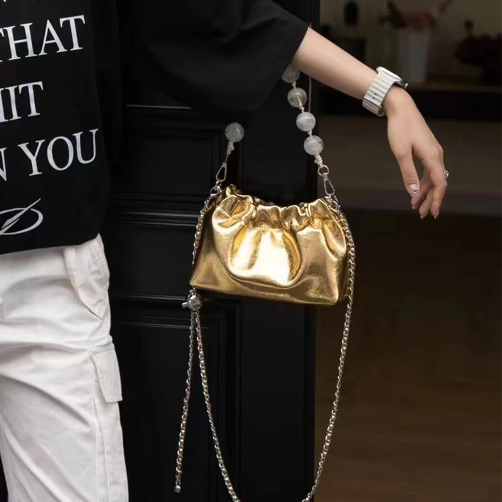 Crossbody Bag Oil Waxed Cowhide Leather with Pearl Handle & Chain Strap