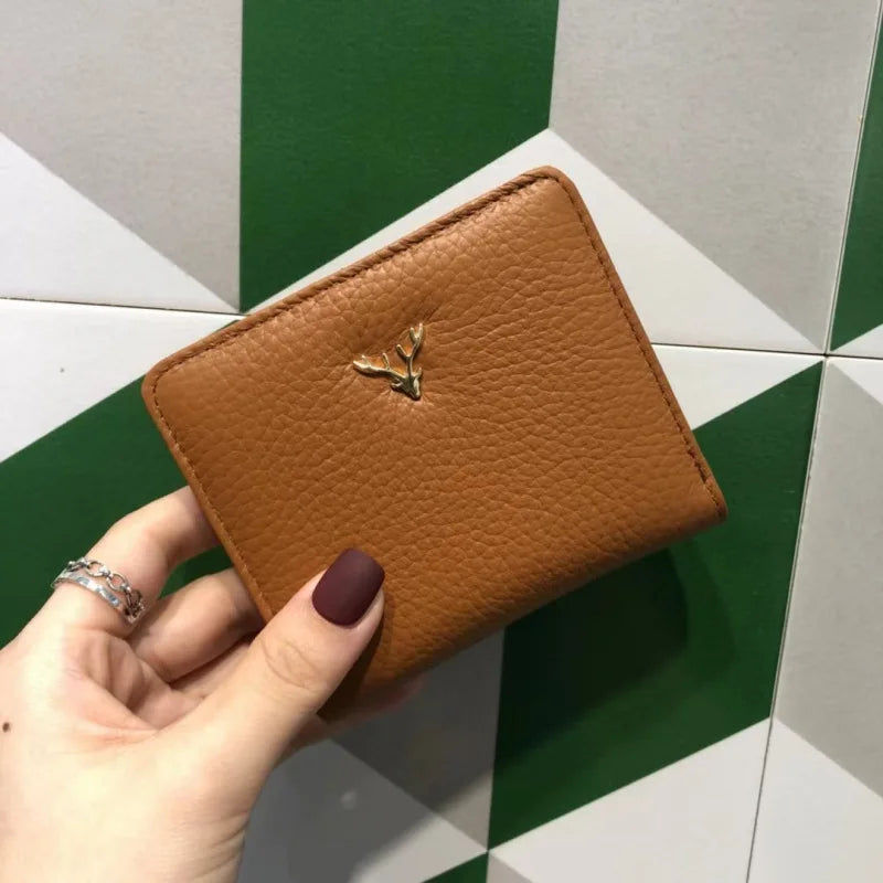 Women's Genuine Leather Small Wallet – Deer Button Bifold Purse