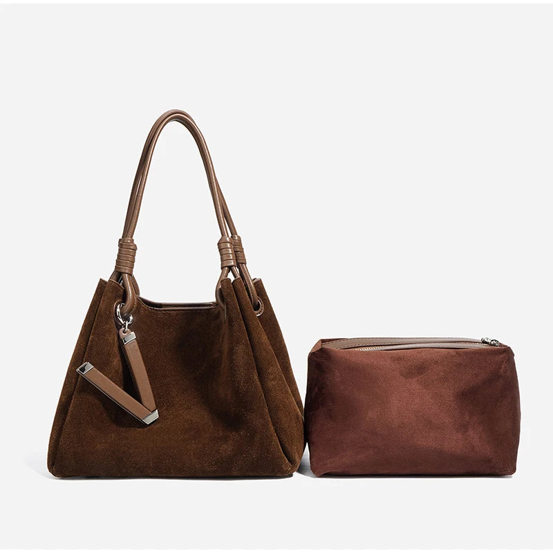 Suede Leather Bucket Bag for Women – Minimalist Handheld Tote