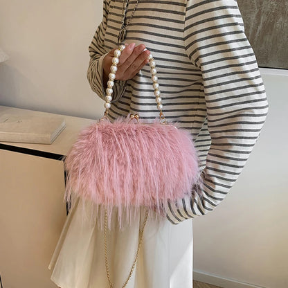 Plush Evening Bag – Fluffy Faux Fur Clutch with Pearl Handle
