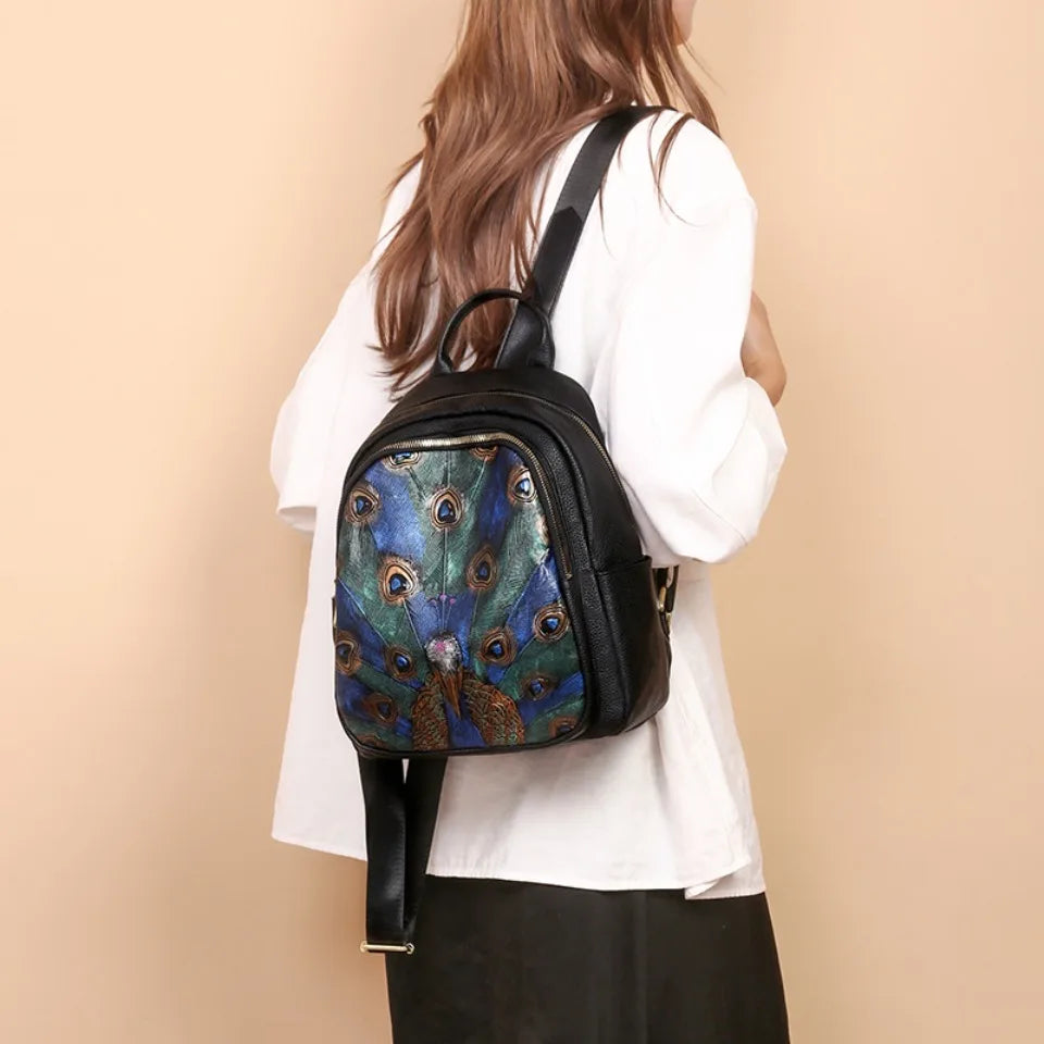Peacock Feather Print PU Leather Backpack for Women – Large Capacity