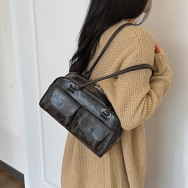 Retro Double Pocket Shoulder Bag – Women's Vintage Handbag