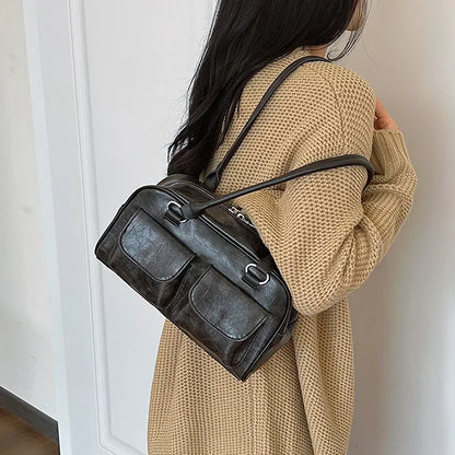 Retro Double Pocket Shoulder Bag – Women's Vintage Handbag
