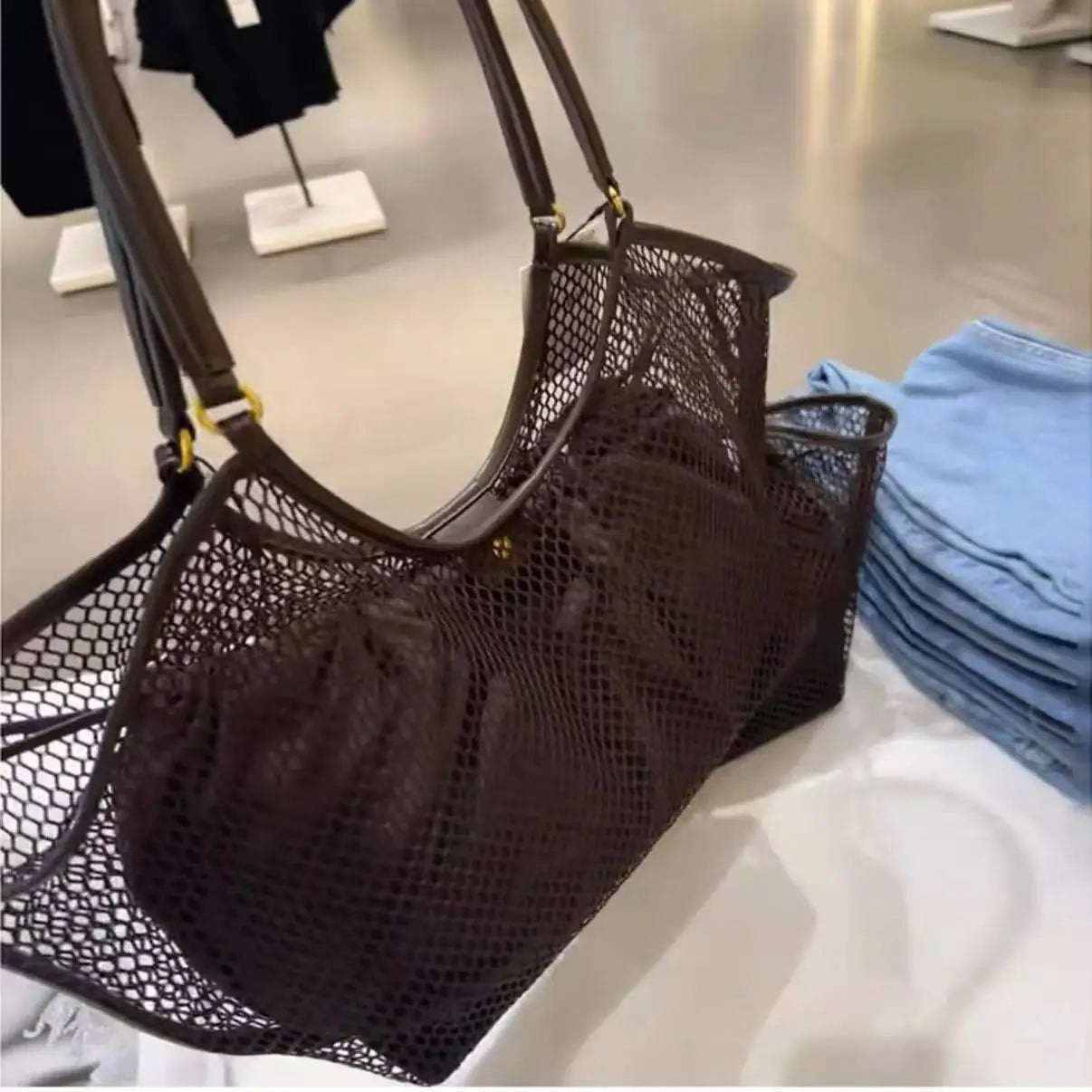 Large Mesh Tote Bag for Women – PU Leather Trim Shoulder Bag