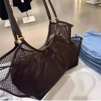 Large Mesh Tote Bag for Women – PU Leather Trim Shoulder Bag