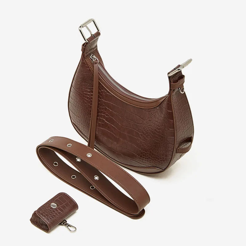 Vintage Crocodile Pattern Shoulder Bag - Half Moon Leather Crossbody for Women