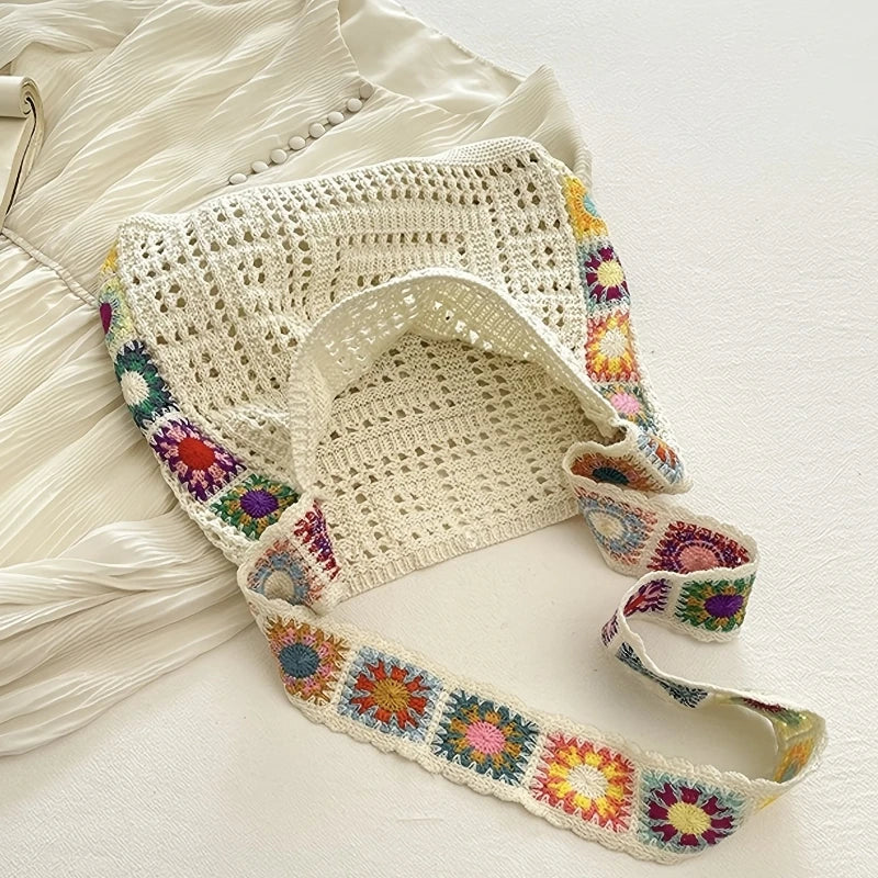Boho Crochet Shoulder Bag – Floral Knit Large Tote