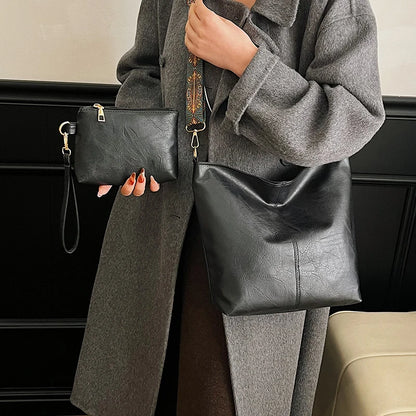 PU Leather Crossbody Bag with Wide Boho Strap + Wristlet Pouch