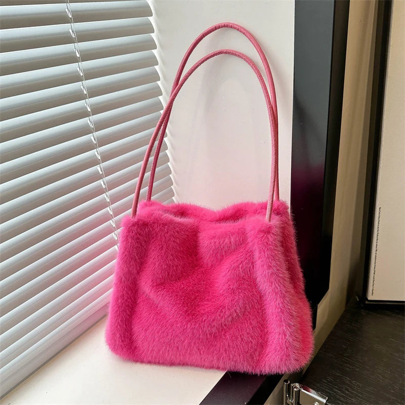 Fluffy Plush Shoulder Tote Bag – Soft Faux Fur Top-Handle Handbag