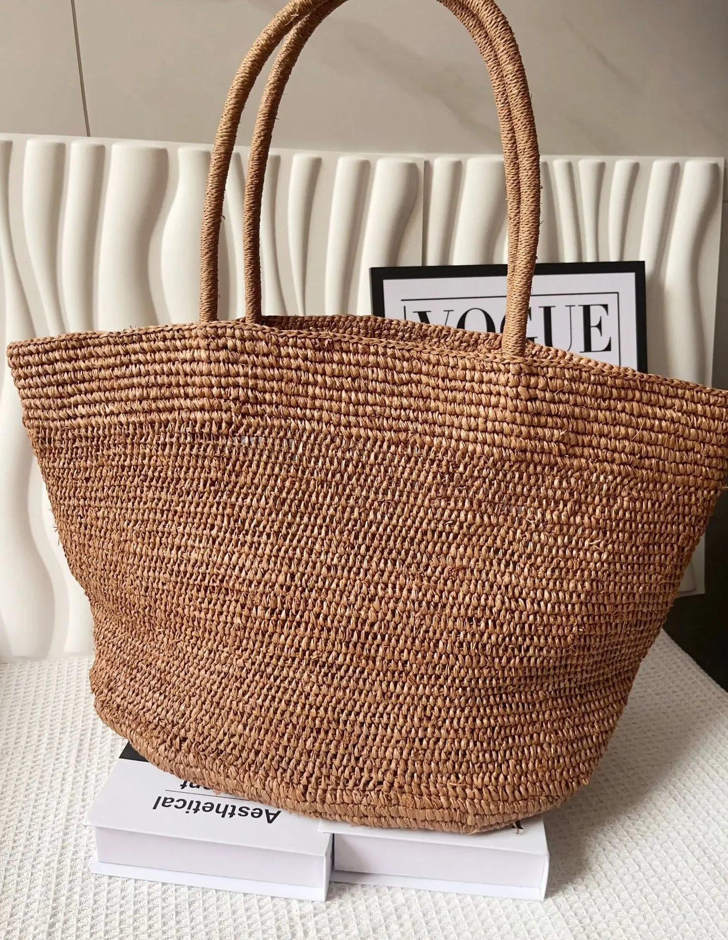 Large Raffia Straw Tote Bag – Handwoven Women's Beach Handbag
