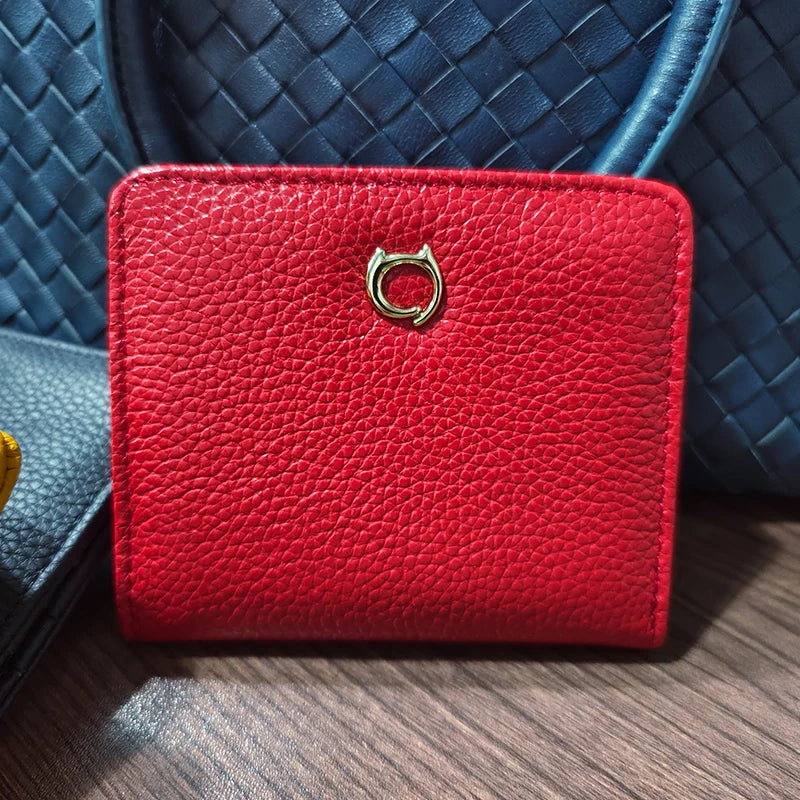 Genuine Leather Cat Charm Short Wallet for Women